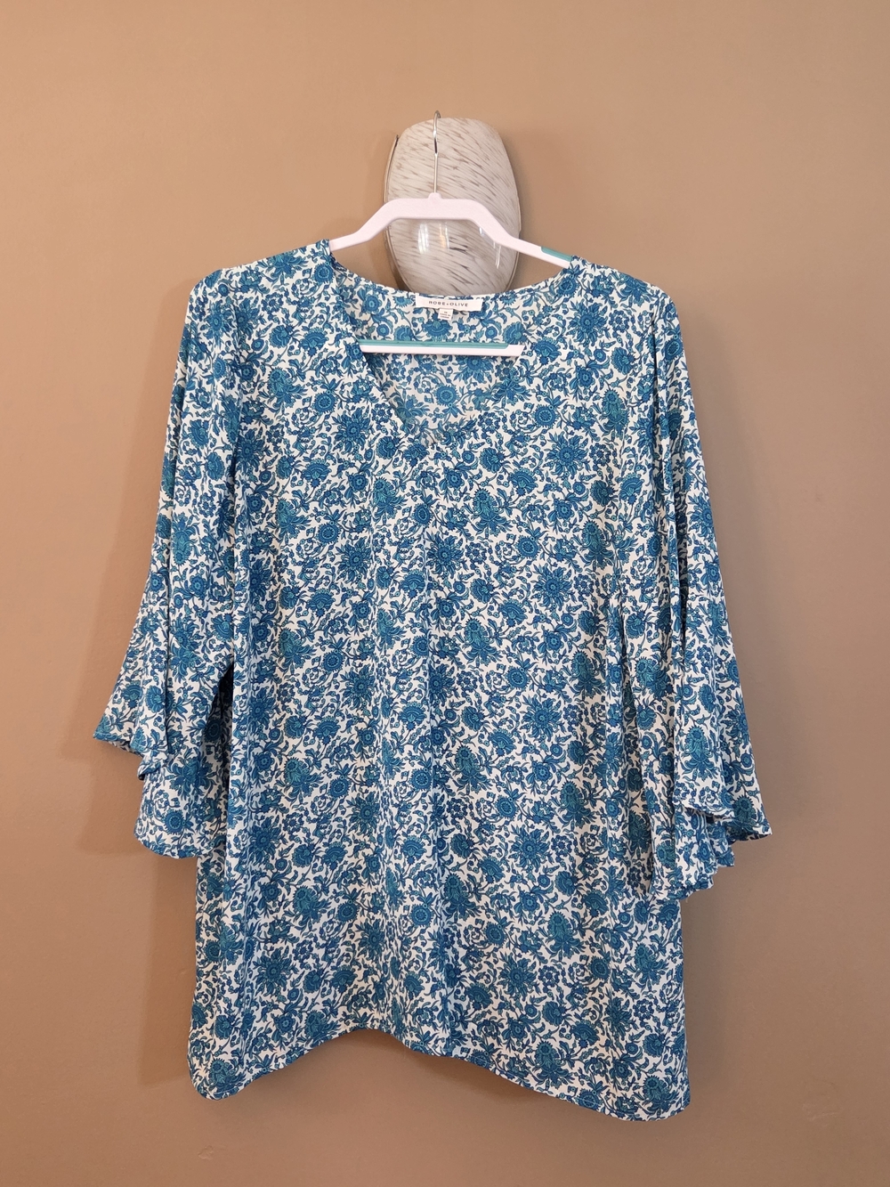 Rose & Olive Teal and White Floral Bell-Sleeve Tunic